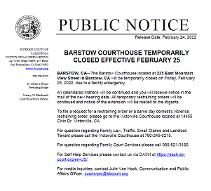 Barstow Courthouse Temporarily Closed Effective February 25