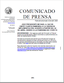 PJSachs Issues Fourth Amendment To Implementation Order Effective April 22 Spanish