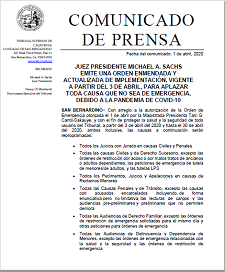 PJ Sachs Reissues Implementation Order Effective April 3 Spanish